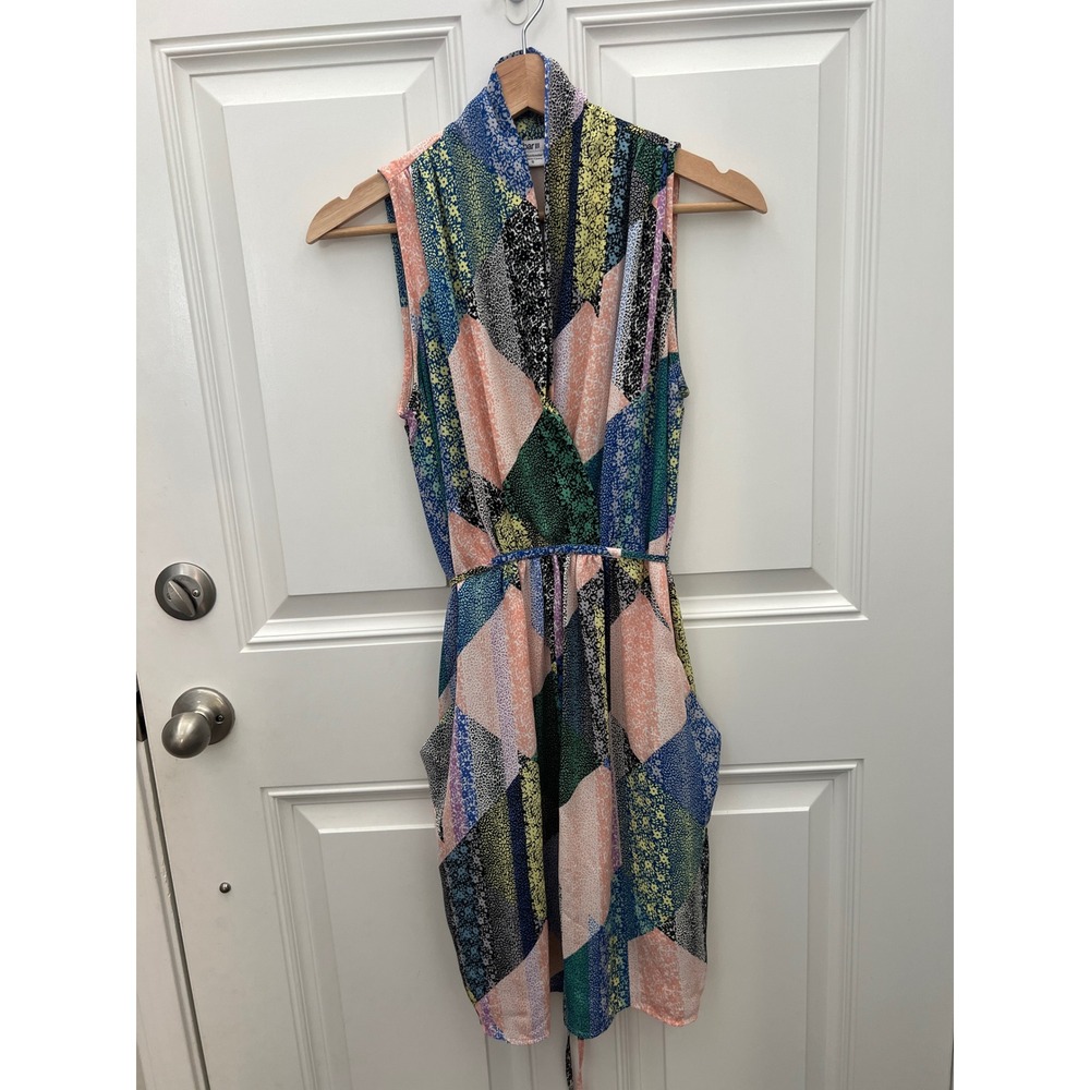 Bar III Womens Geometric Patchwork Print Sleeveless Wrap Dress Multi Color Small